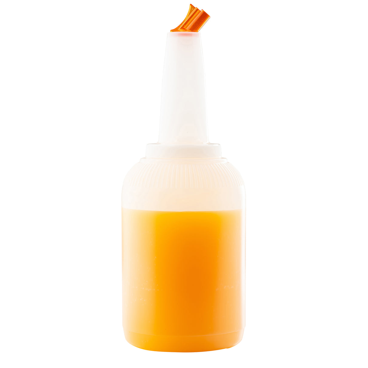 A clear high density polyethylene PourMaster bottle filled with orange liquid stands upright. The 64oz bottle features a white tapered spout and a small orange cap attached to the tip, set against a completely white background.