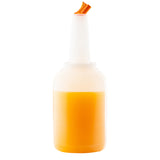 A clear high density polyethylene PourMaster bottle filled with orange liquid stands upright. The 64oz bottle features a white tapered spout and a small orange cap attached to the tip, set against a completely white background.