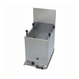 A stainless steel Universal Fryer with 87 lb. cooking oil capacity features a rectangular shape, propane gas controls on the corners, a back splash guard, and visible slots for fryer baskets on top. The fryer sits on a white background.
