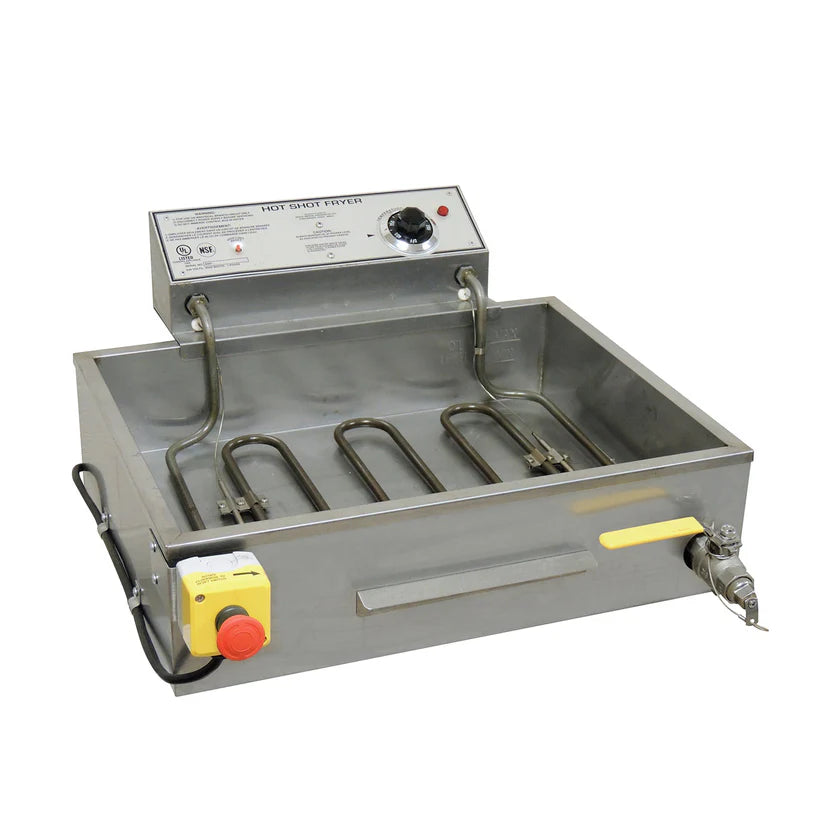 A large, rectangular stainless steel electric fryer with exposed heating coils, a control panel with a dial and indicator lights, a yellow handle on a spout, and a red emergency stop button attached by a black cord; 20 lb oil capacity.