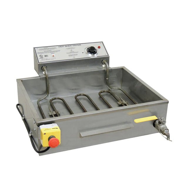 A large, rectangular stainless steel electric fryer with exposed heating coils, a control panel with a dial and indicator lights, a yellow handle on a spout, and a red emergency stop button attached by a black cord; 20 lb oil capacity.