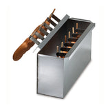 A rectangular stainless steel batter dip tank for making treats like corn dogs or ice cream bars, with a hinged lid partially open, showing wooden sticks in the dark liquid. A wooden-handled tool with metal tines rests on top. Background is plain white.