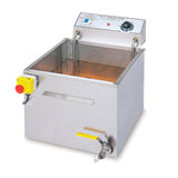 The Battered King 9 Fryer is a stainless steel electric fryer with a 47 lb. oil capacity, featuring a control panel, temperature dial, red emergency stop button, and a spout with yellow handle for easy oil drainage. The unit is empty against a white background.