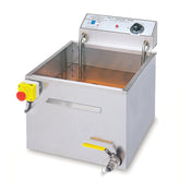 The Battered King 9 Fryer is a stainless steel electric fryer with a 47 lb. oil capacity, featuring a control panel, temperature dial, red emergency stop button, and a spout with yellow handle for easy oil drainage. The unit is empty against a white background.