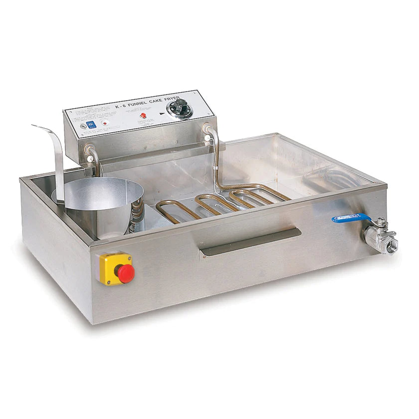 A stainless steel electric fryer with a control panel, temperature dial, and indicator lights. This funnel cake fryer features a large oil tank, metal heating coils, ladle, metal jug, side handle, emergency stop button, and front drain spout.