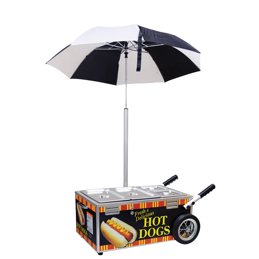 A hot dog cart with a large black-and-white umbrella. Modeled after the Gold Medal Products Mini Cart, it features wheels, handles, a colorful “Fresh & Delicious HOT DOGS” sign, and three metal food trays—perfect for pairing with a hot dog steamer.
