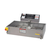 A stainless steel commercial fryer with an attached control box labeled Super King. It features a yellow emergency stop button on the left, warning labels on the front, and a metal spout with a yellow handle on the right for draining oil.