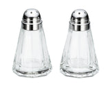 Two clear, paneled glass Salt/Pepper Shakers with silver metal tops sit side by side on a white background. Both are empty and identical in shape, featuring small holes for dispensing contents. These shakers are dishwasher safe for easy cleaning.