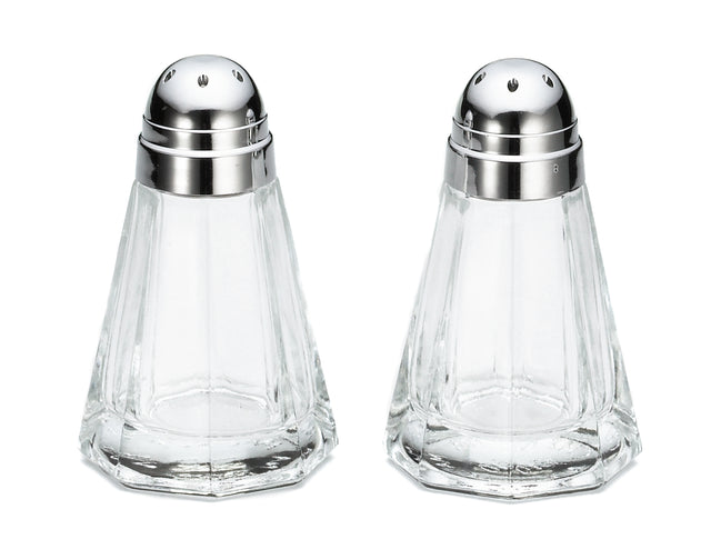 Two clear, paneled glass Salt/Pepper Shakers with silver metal tops sit side by side on a white background. Both are empty and identical in shape, featuring small holes for dispensing contents. These shakers are dishwasher safe for easy cleaning.