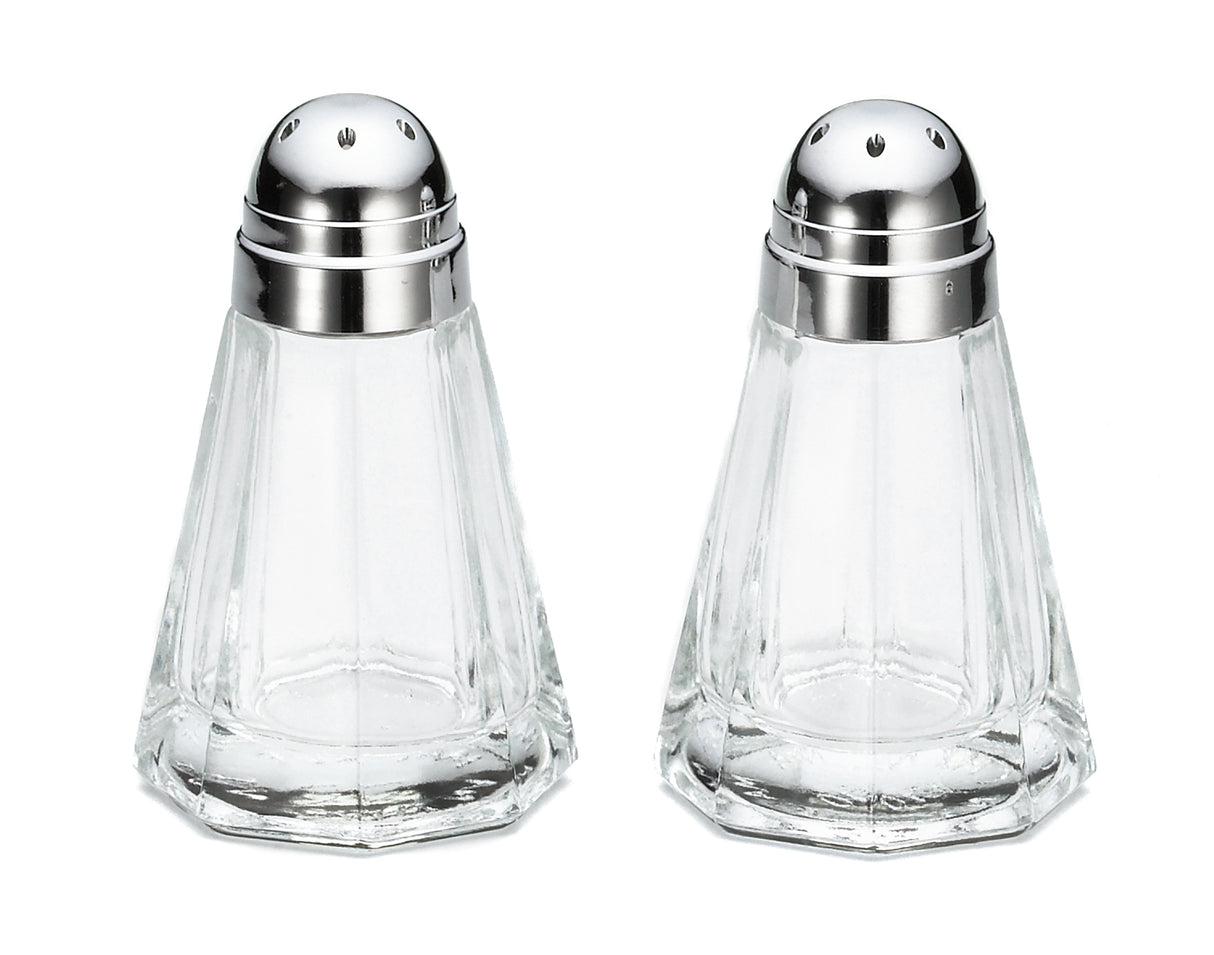 Two clear glass Salt & Pepper Shakers with faceted, hexagonal shapes sit side by side on a white background. Each features a stainless steel top with small holes for easy dispensing. The containers are empty.