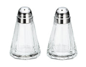 Two clear glass Salt & Pepper Shakers with faceted, hexagonal shapes sit side by side on a white background. Each features a stainless steel top with small holes for easy dispensing. The containers are empty.