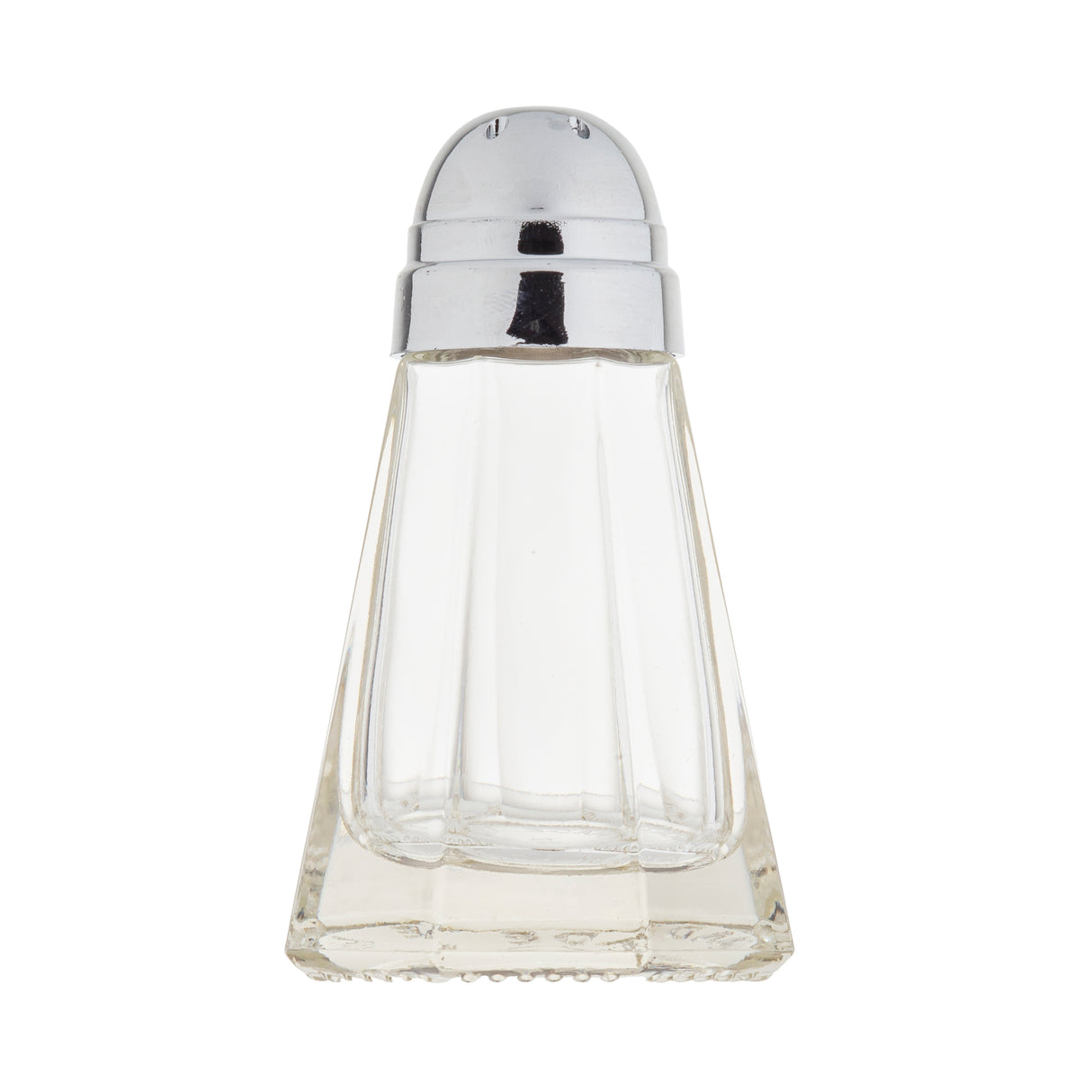 A clear glass Salt & Pepper Shaker with a stainless steel top featuring small holes, shown upright against a white background. The shaker has a faceted, rectangular base that narrows toward the rounded top.