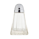 A clear glass Salt & Pepper Shaker with a stainless steel top featuring small holes, shown upright against a white background. The shaker has a faceted, rectangular base that narrows toward the rounded top.