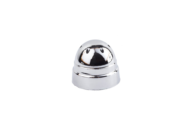 A shiny, metallic, dome-shaped Salt/Pepper Shaker Top with a flat base sits on a white background. Chrome plated ABS gives its polished surface a mirror-like finish. The object features two small, round holes near the top of the dome.