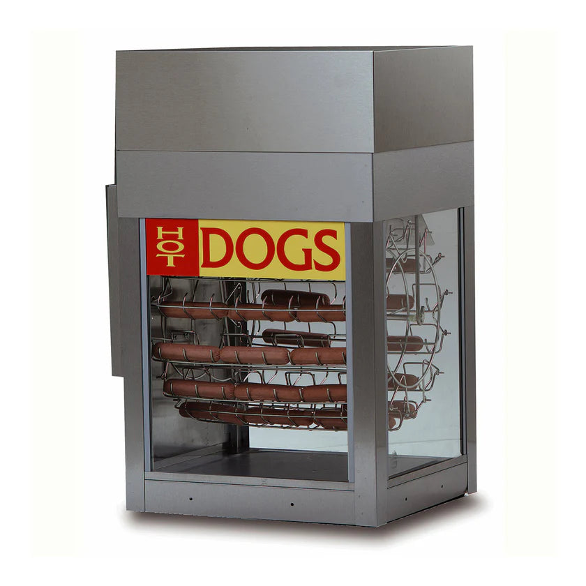 A stainless steel hot dog rotisserie with a glass front displays several hot dogs on a rotating wire rack. A yellow and red HOT DOGS sign is attached to the stainless steel cabinet, which features an integrated bun warmer below.