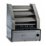 A stainless steel roller style Hot Dog Grill with a 45 hot dog capacity features multiple rotating rollers in rows, three temperature control knobs, a pull-out tray below, and a side power switch—all set against a plain white background.