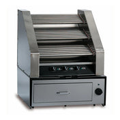 A stainless steel roller style Hot Dog Grill with a 45 hot dog capacity features multiple rotating rollers in rows, three temperature control knobs, a pull-out tray below, and a side power switch—all set against a plain white background.