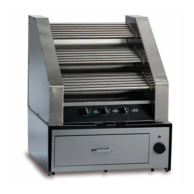 A stainless steel roller style Hot Dog Grill with a 45 hot dog capacity features multiple rotating rollers in rows, three temperature control knobs, a pull-out tray below, and a side power switch—all set against a plain white background.