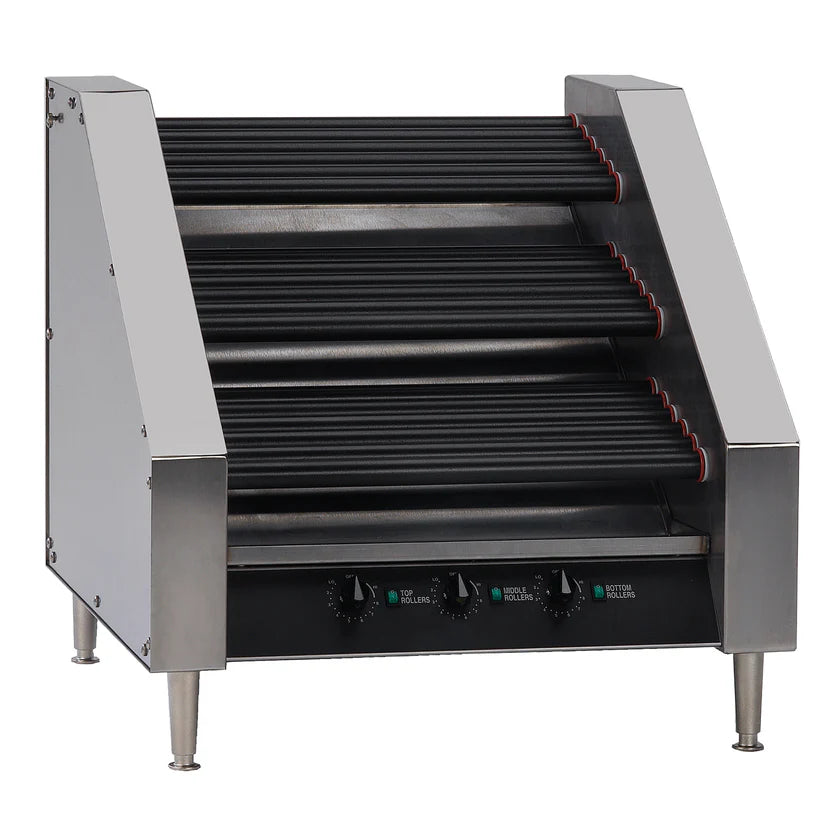 A stainless steel Hot Dog Grill with roller style design, featuring three control knobs and multiple black rollers with red end markings. This commercial machine has a 45 hot dog capacity and stands on four short metal legs for stability.