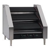 A stainless steel Hot Dog Grill with roller style design, featuring three control knobs and multiple black rollers with red end markings. This commercial machine has a 45 hot dog capacity and stands on four short metal legs for stability.
