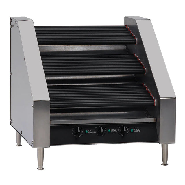 A stainless steel Hot Dog Grill with roller style design, featuring three control knobs and multiple black rollers with red end markings. This commercial machine has a 45 hot dog capacity and stands on four short metal legs for stability.