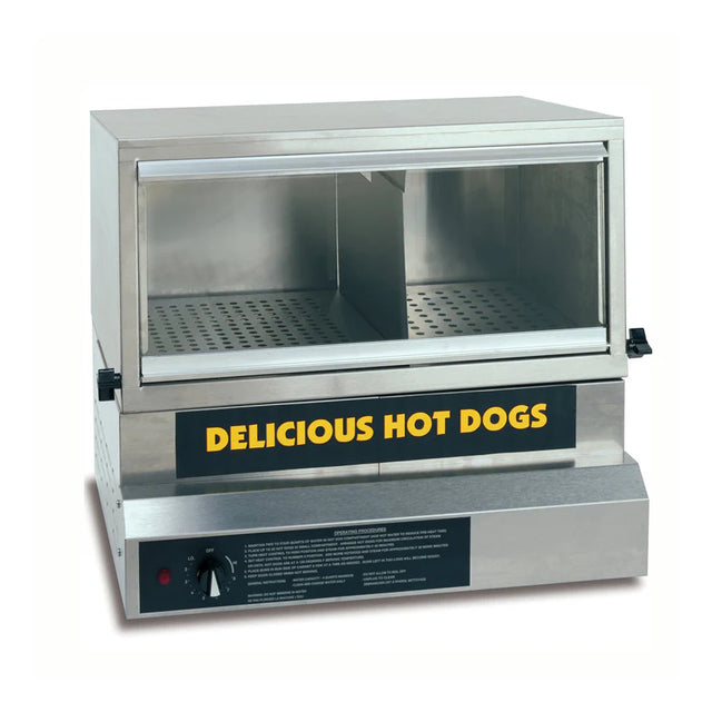 A stainless steel commercial hot dog display warmer with a glass front, sliding doors, and a yellow “DELICIOUS HOT DOGS” sign. The interior features perforated trays to hold and warm hot dogs, plus a built-in bun warmer for added convenience.