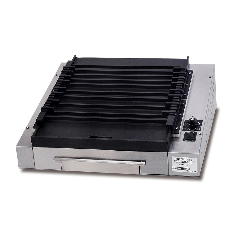 A stainless steel indoor electric grill with a black ribbed grilling surface, control knob, and indicator light. This rectangular hot dog grill features a removable drip tray and a "French Grill" label on the front right corner.
