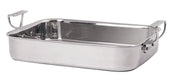 A 3 qt stainless steel buffet roaster with high sides and two large, sturdy handles. The shiny, reflective pan is rectangular and empty, displayed against a plain white background.