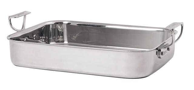 A 3 qt stainless steel buffet roaster with high sides and two large, sturdy handles. The shiny, reflective pan is rectangular and empty, displayed against a plain white background.