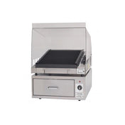 A stainless steel commercial countertop grill by Gold Medal Products, model #8161F, features a slanted black grate, glass sneeze guard enclosure side panels, a front control knob, and a pull-out drawer. Its sleek design suits any professional kitchen setting.