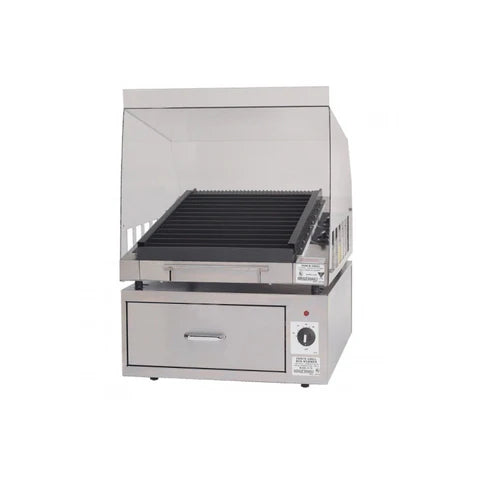 A stainless steel commercial countertop grill by Gold Medal Products, model #8161F, features a slanted black grate, glass sneeze guard enclosure side panels, a front control knob, and a pull-out drawer. Its sleek design suits any professional kitchen setting.