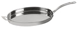 A shiny stainless steel sauté pan with a wide, flat base, shallow sides, a long curved handle on one side, and a small loop handle on the opposite side is displayed on a white background.