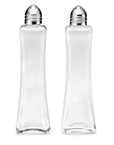 Two clear glass body Salt & Pepper Shakers with slightly curved sides and metal perforated lids stand side by side, empty and transparent, against a white background. Both are dishwasher safe for easy cleaning.