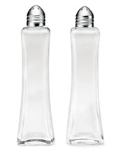 Two clear glass body Salt & Pepper Shakers with slightly curved sides and metal perforated lids stand side by side, empty and transparent, against a white background. Both are dishwasher safe for easy cleaning.