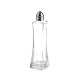 A clear, empty glass salt shaker with a slightly curved rectangular glass body and a shiny, metal screw-on lid, shown standing upright on a white background. Part of our Salt & Pepper Shakers collection and conveniently dishwasher safe.
