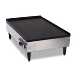 A commercial stainless steel Table Top Griddle with black legs, a flat non-stick coated cooking surface, and a heat control knob on the side. Elevated on four short legs, it runs at 1720 watts and features a slightly raised edge on the back.