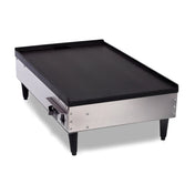 A commercial stainless steel Table Top Griddle with black legs, a flat non-stick coated cooking surface, and a heat control knob on the side. Elevated on four short legs, it runs at 1720 watts and features a slightly raised edge on the back.