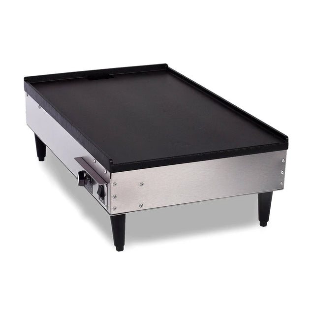 A commercial stainless steel Table Top Griddle with black legs, a flat non-stick coated cooking surface, and a heat control knob on the side. Elevated on four short legs, it runs at 1720 watts and features a slightly raised edge on the back.
