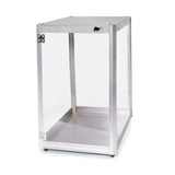 A rectangular, open-sided metal enclosure with a swing-open glass door, a latch on top, and a flat bottom. Featuring stainless steel construction and adjustable feet, this minimalist display case resembles a small equipment cabinet against a plain white background.