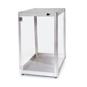 A rectangular, open-sided metal enclosure with a swing-open glass door, a latch on top, and a flat bottom. Featuring stainless steel construction and adjustable feet, this minimalist display case resembles a small equipment cabinet against a plain white background.