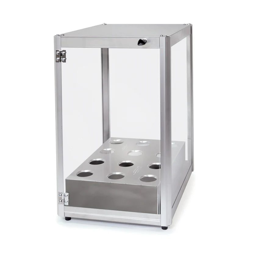 A rectangular Giant Waffle Cone Display Case with plexiglas windows and stainless steel construction. Clear sides and a hinged door reveal a modern, utilitarian design, while round base cut-outs keep items upright inside.