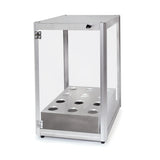 A rectangular Giant Waffle Cone Display Case with plexiglas windows and stainless steel construction. Clear sides and a hinged door reveal a modern, utilitarian design, while round base cut-outs keep items upright inside.