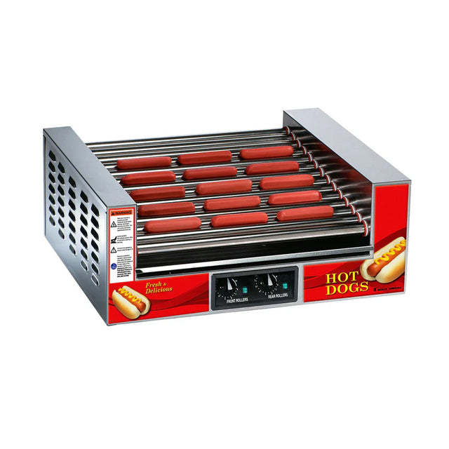 A Gold Medal Products Hot Dog Roller Grill with stainless steel rollers cooks several hot dogs evenly on rotating metal rods. The sleek red and silver machine features a HOT DOGS display, control knobs, and safety instructions on the side.