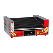 A commercial Hot Dog Roller Grill with a red exterior and stainless steel cabinet, featuring images of hot dogs and the words HOT DOGS and Fresh & Delicious. The machine has black non-stick rollers and control knobs on the front panel. No hot dogs are on the rollers.