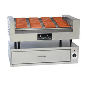 A stainless steel hot dog grill features stainless steel rollers with rows of hot dogs cooking on them. The unit has control knobs on the front, a lower drawer for storage or warming, and offers a 52 hot dog capacity. The background is plain white.