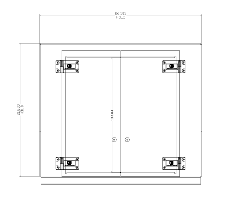 Black and white technical drawing of a rectangular double-door cabinet, similar to the Gold Medal Products #8223/#8423 model. Dimensions are 26.313 inches wide by 21.519 inches tall, with visible hinges and two centered handles on the doors.
