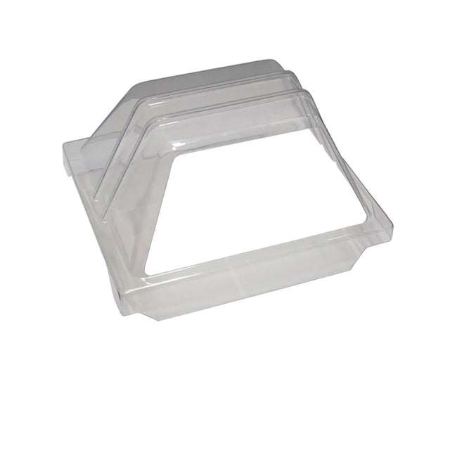 Three clear, rectangular plastic lids are nested together. Each glossy, transparent lid features a slanted front edge with a wide rectangular opening, ideal as an enclosure or sneeze guard for Gold Medal Products. The lids stack neatly within one another.