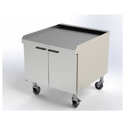 Merco CMC27 Merco CrispyMax Cart For Triple (MCG2727) Lane CrispyMax (not Included). Two Hinged Doors With Magnetic Closures. Two Removable Interior Shelves. Four Swivel Casters