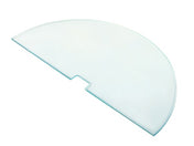 A clear, semicircular Cal-Mil glass shelf with a small rectangular notch cut out from the straight edge, shown against a white background. The Pillar Riser Shelf features smooth, slightly rounded edges for a refined look.