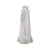 A clear, faceted glass bottle with a wide base that tapers to a narrow, threaded neck—ideal as a replacement jar for your salt and pepper shaker. It stands upright against a white background and features a smooth, reflective surface.